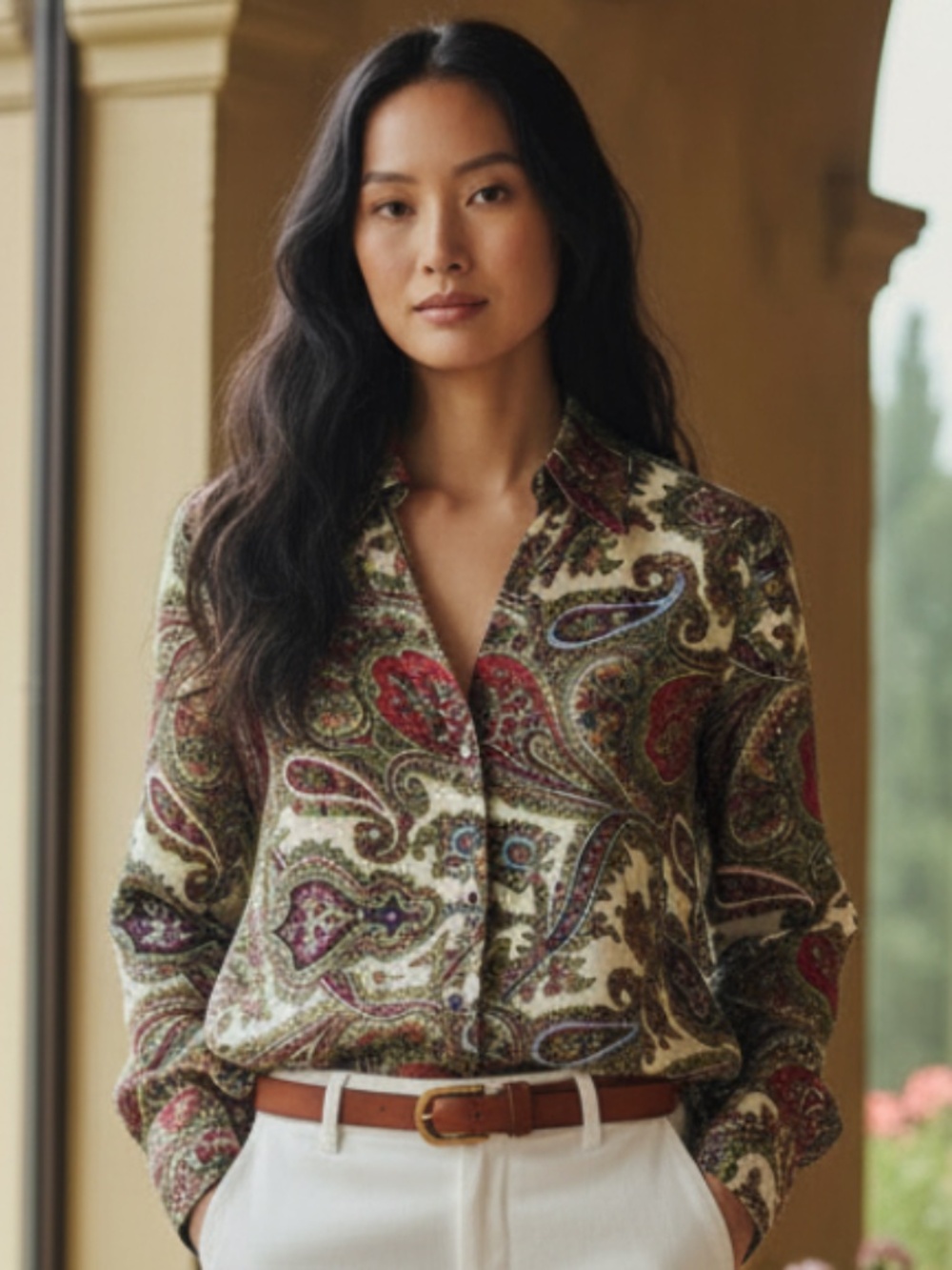 Talbots Shirt Top Blouse Button Down 16 Petite 16P XLP Paisley 100% SILK Career